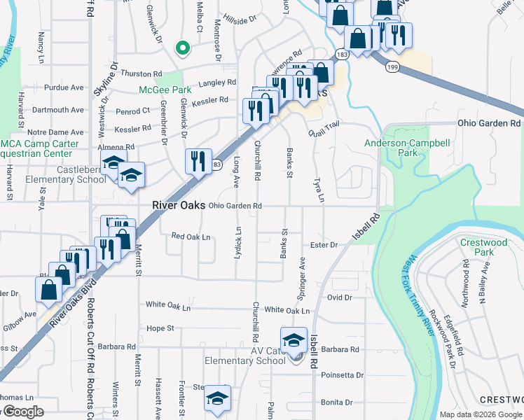 map of restaurants, bars, coffee shops, grocery stores, and more near 4621 Ohio Garden Road in Fort Worth