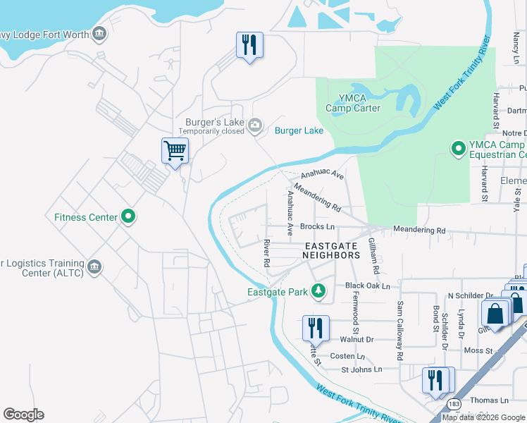 map of restaurants, bars, coffee shops, grocery stores, and more near 6213 Mustang Street in Fort Worth