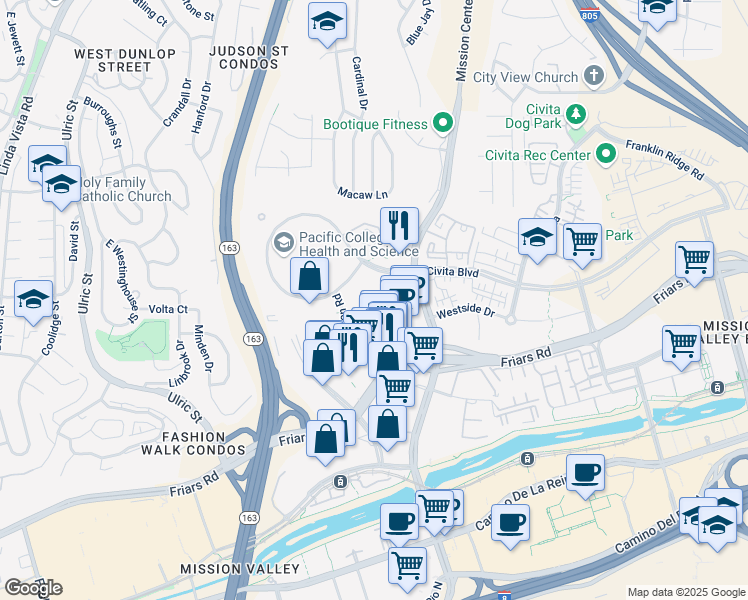 map of restaurants, bars, coffee shops, grocery stores, and more near 7575 Metropolitan Drive in San Diego