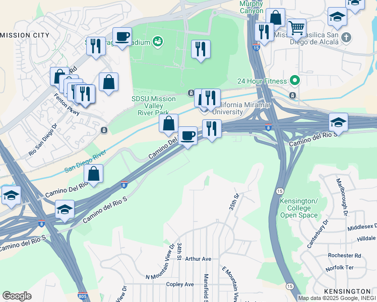 map of restaurants, bars, coffee shops, grocery stores, and more near 3435 Camino del Rio South in San Diego