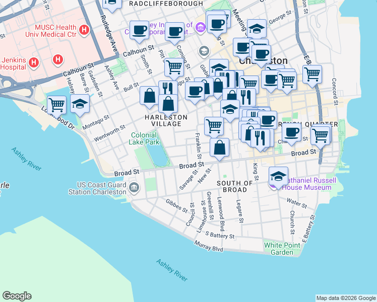 map of restaurants, bars, coffee shops, grocery stores, and more near in Charleston