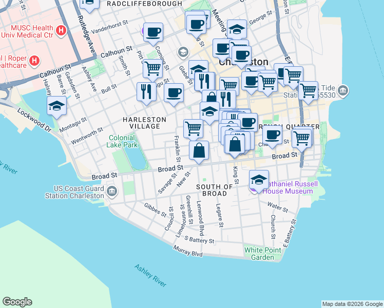 map of restaurants, bars, coffee shops, grocery stores, and more near 6 Short Street in Charleston