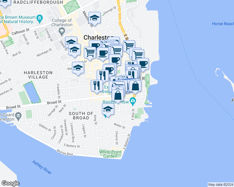 map of restaurants, bars, coffee shops, grocery stores, and more near 50 Broad Street in Charleston