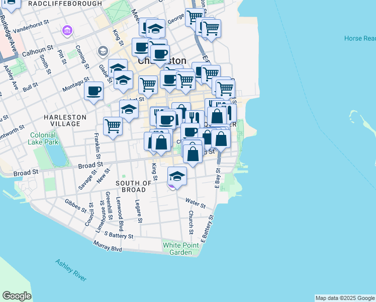 map of restaurants, bars, coffee shops, grocery stores, and more near 43 Broad Street in Charleston