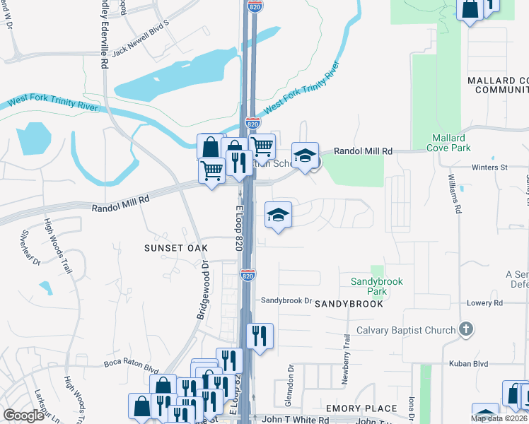 map of restaurants, bars, coffee shops, grocery stores, and more near 235 East Loop 820 in Fort Worth