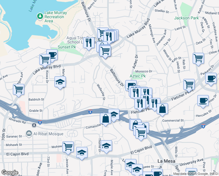 map of restaurants, bars, coffee shops, grocery stores, and more near 5430 Baltimore Drive in La Mesa