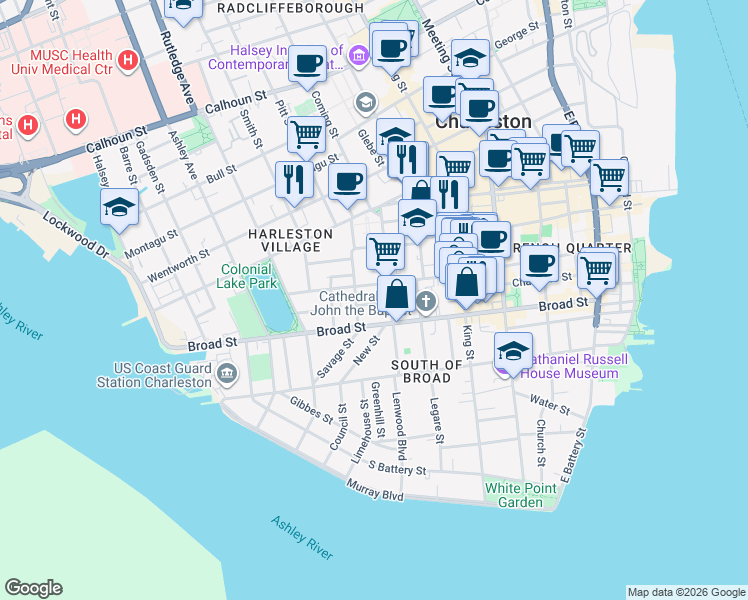 map of restaurants, bars, coffee shops, grocery stores, and more near 14 Short Street in Charleston