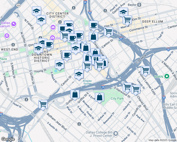 map of restaurants, bars, coffee shops, grocery stores, and more near 999 South Harwood Street in Dallas