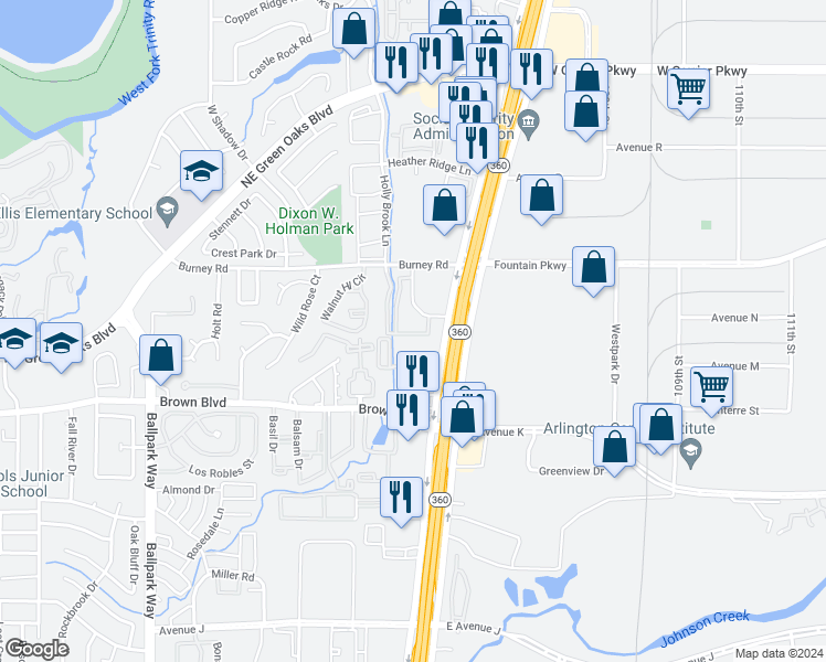 map of restaurants, bars, coffee shops, grocery stores, and more near 2605 Courtney Lane in Arlington