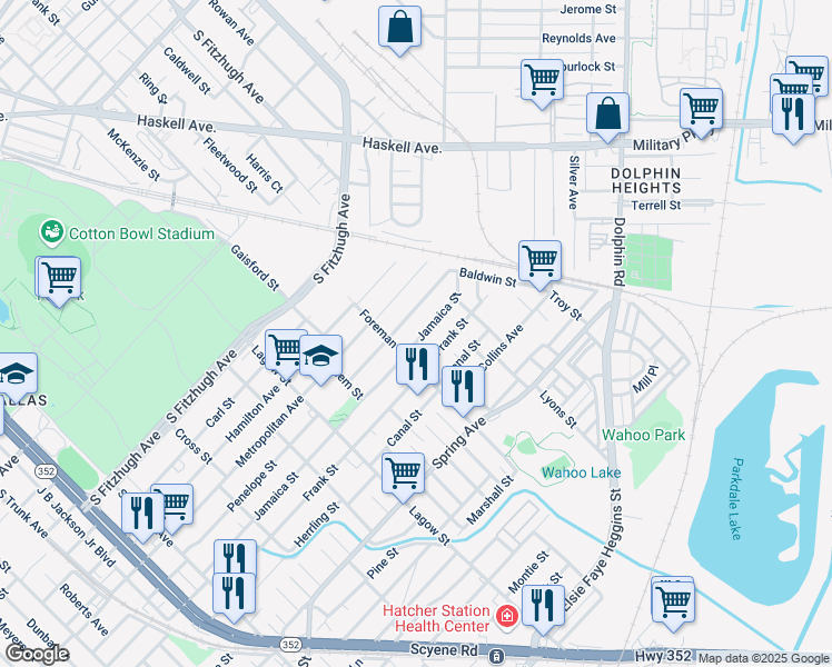 map of restaurants, bars, coffee shops, grocery stores, and more near 4427 Jamaica Street in Dallas
