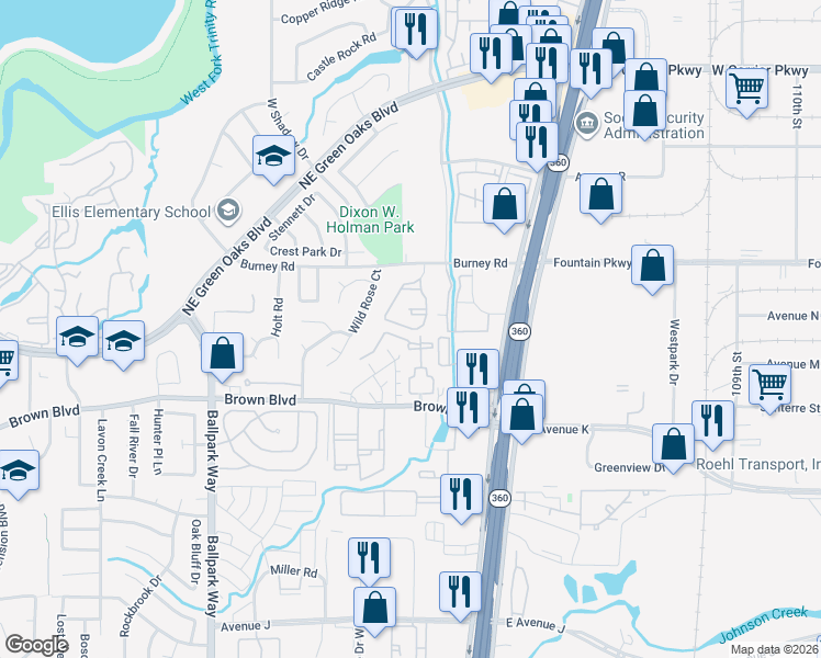 map of restaurants, bars, coffee shops, grocery stores, and more near 2512 Walnut Hill Circle in Arlington