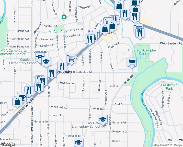 map of restaurants, bars, coffee shops, grocery stores, and more near 4621 Ohio Garden Road in Fort Worth