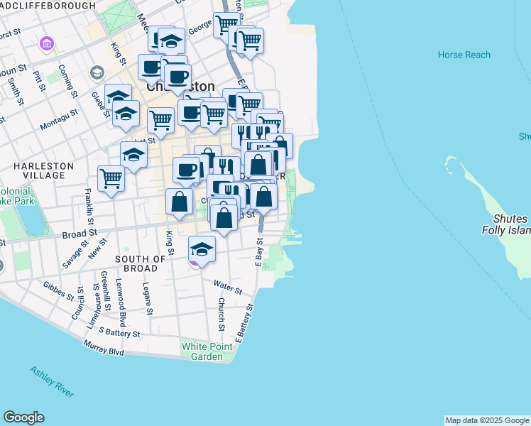 map of restaurants, bars, coffee shops, grocery stores, and more near 122 East Bay Street in Charleston
