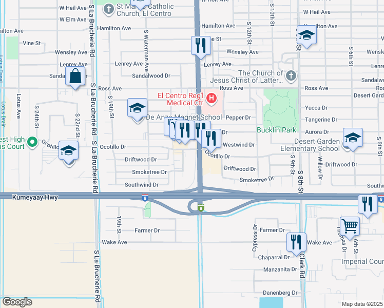 map of restaurants, bars, coffee shops, grocery stores, and more near 1501 Ocotillo Drive in El Centro