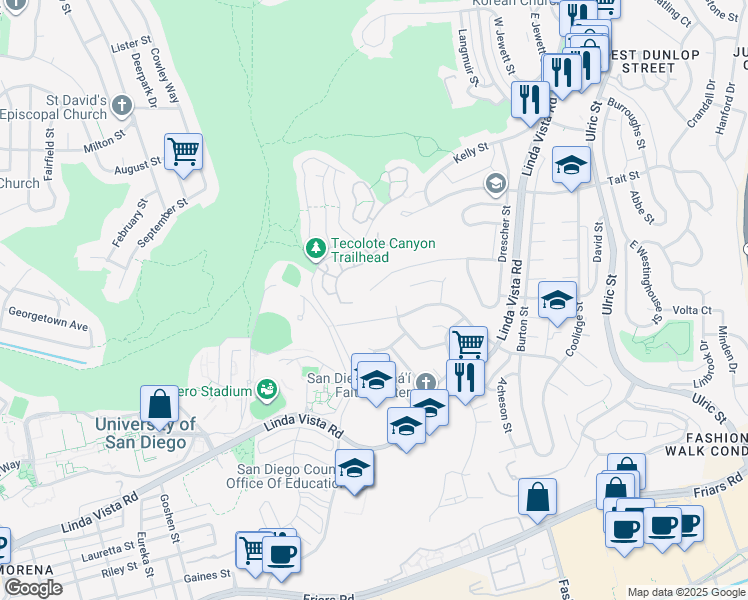map of restaurants, bars, coffee shops, grocery stores, and more near 6413 Goodwin Street in San Diego
