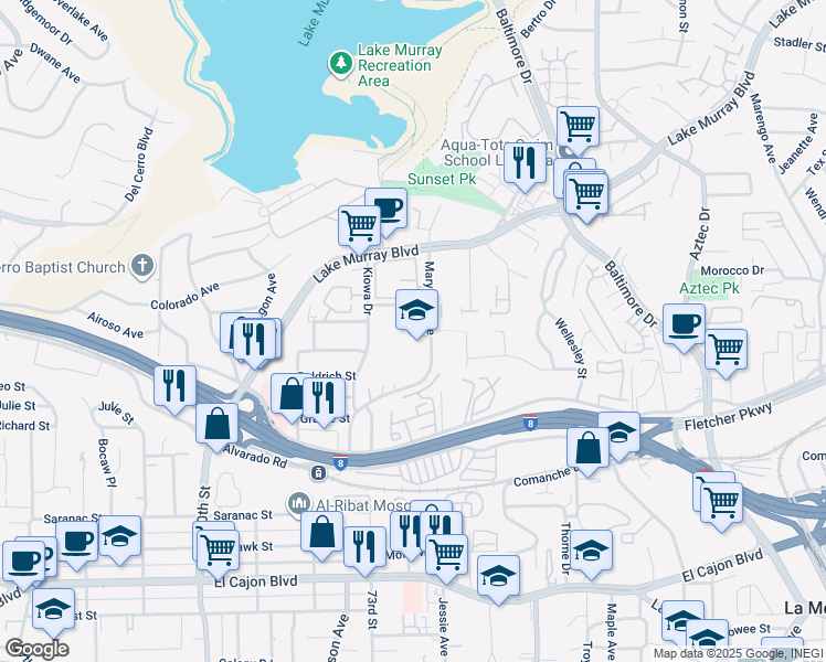 map of restaurants, bars, coffee shops, grocery stores, and more near 7495 Oakland Road in La Mesa