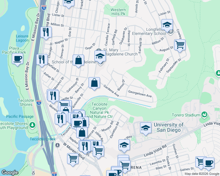 map of restaurants, bars, coffee shops, grocery stores, and more near 4918 Gardena Avenue in San Diego