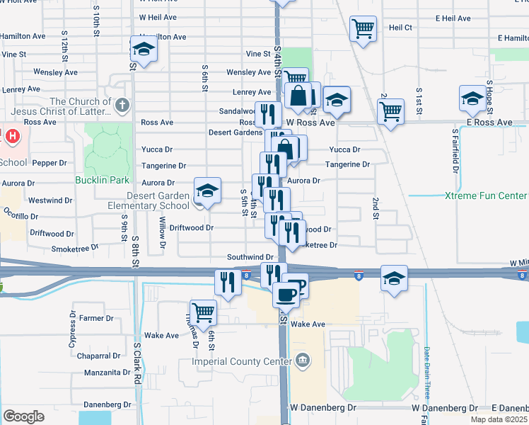map of restaurants, bars, coffee shops, grocery stores, and more near 1950 S 4th St in El Centro