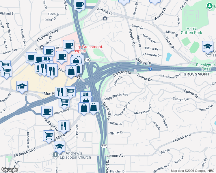 map of restaurants, bars, coffee shops, grocery stores, and more near 5410 Bishops Way in La Mesa