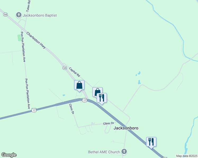 map of restaurants, bars, coffee shops, grocery stores, and more near 87 Riley Lane in Jacksonboro