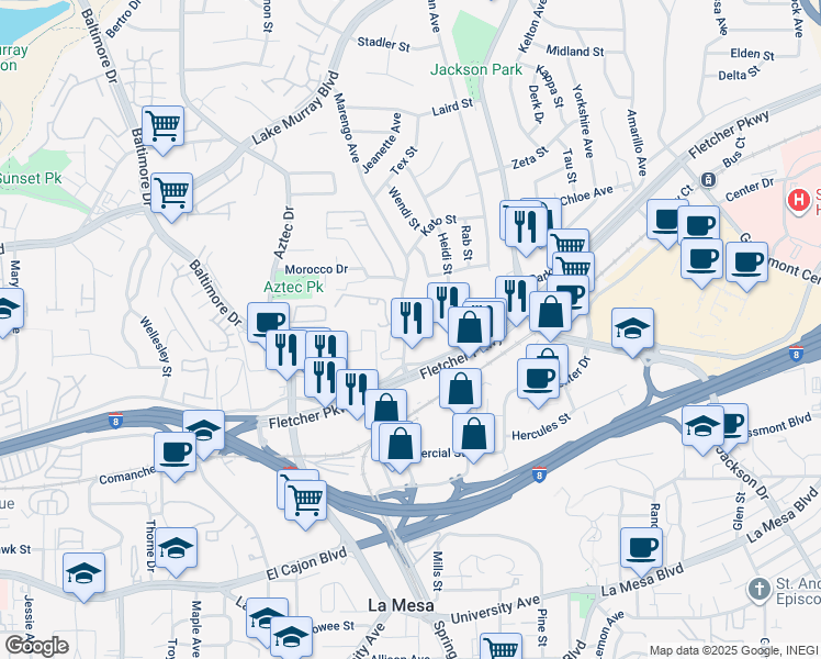 map of restaurants, bars, coffee shops, grocery stores, and more near 5365 Marengo Avenue in La Mesa