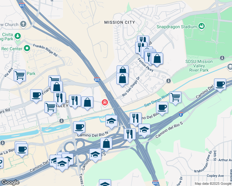 map of restaurants, bars, coffee shops, grocery stores, and more near in San Diego
