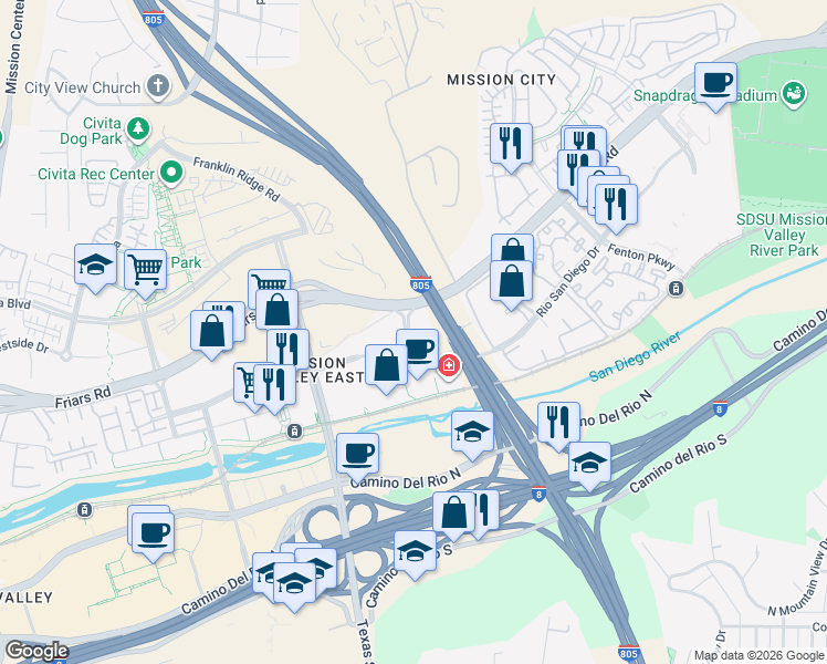 map of restaurants, bars, coffee shops, grocery stores, and more near 8954 Rio San Diego Drive in San Diego