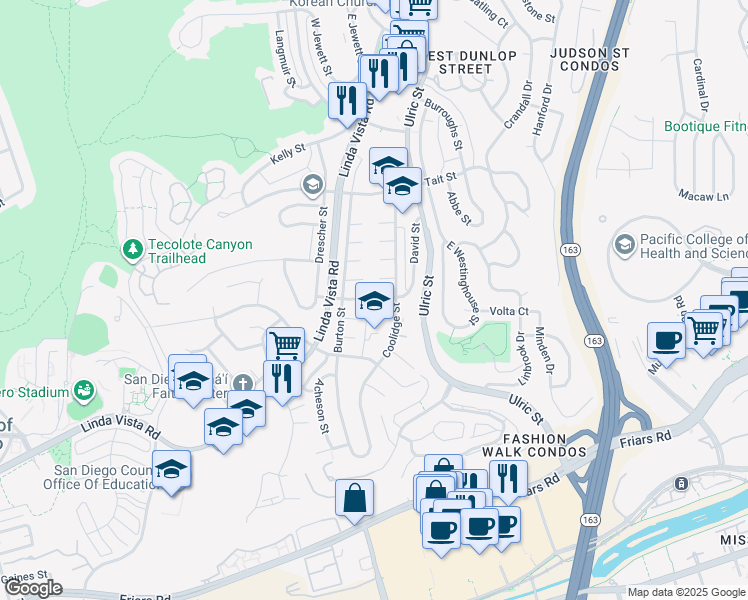 map of restaurants, bars, coffee shops, grocery stores, and more near 6905 Kramer Street in San Diego