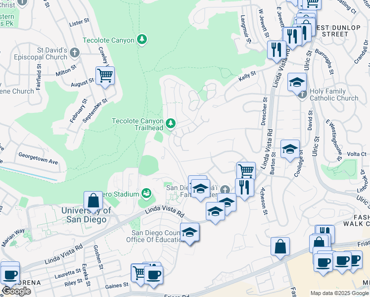 map of restaurants, bars, coffee shops, grocery stores, and more near 6380 Caminito Del Cervato in San Diego