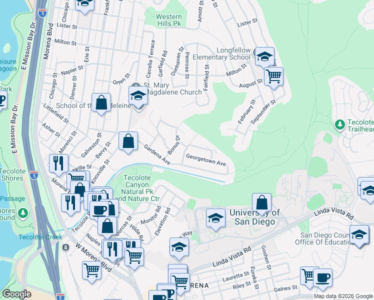 map of restaurants, bars, coffee shops, grocery stores, and more near 1836 Goldboro Street in San Diego