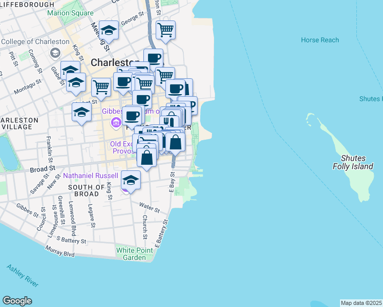 map of restaurants, bars, coffee shops, grocery stores, and more near 8 East Elliott Street in Charleston
