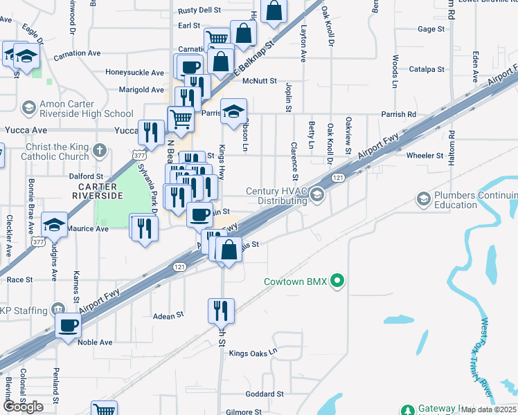 map of restaurants, bars, coffee shops, grocery stores, and more near 4213 Fain Street in Fort Worth