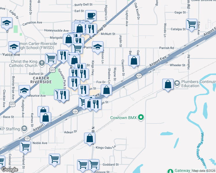 map of restaurants, bars, coffee shops, grocery stores, and more near 4213 Fain Street in Fort Worth