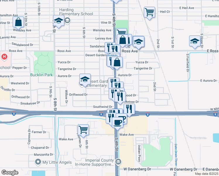 map of restaurants, bars, coffee shops, grocery stores, and more near 1950 South 4th Street in El Centro