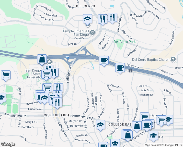 map of restaurants, bars, coffee shops, grocery stores, and more near 6363 Alvarado Court in San Diego
