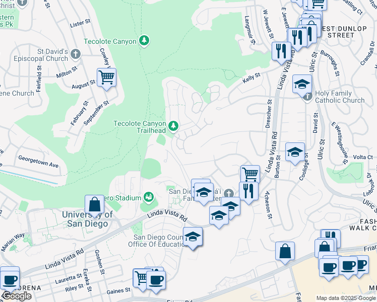 map of restaurants, bars, coffee shops, grocery stores, and more near 6380 Caminito Del Cervato in San Diego