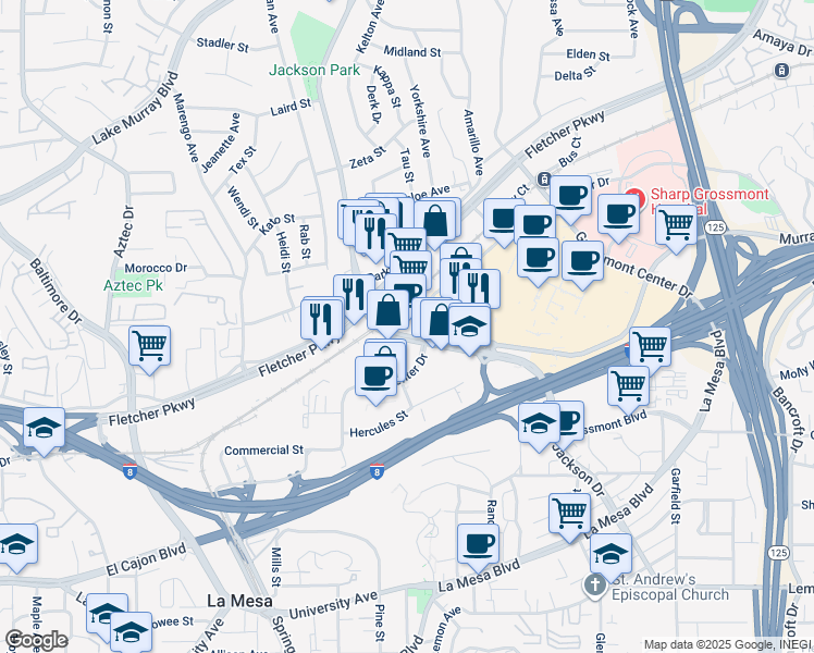 map of restaurants, bars, coffee shops, grocery stores, and more near 5341 Jackson Drive in La Mesa