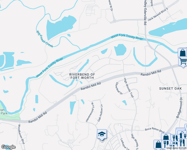 map of restaurants, bars, coffee shops, grocery stores, and more near 5925 Terrace Oaks Lane in Fort Worth