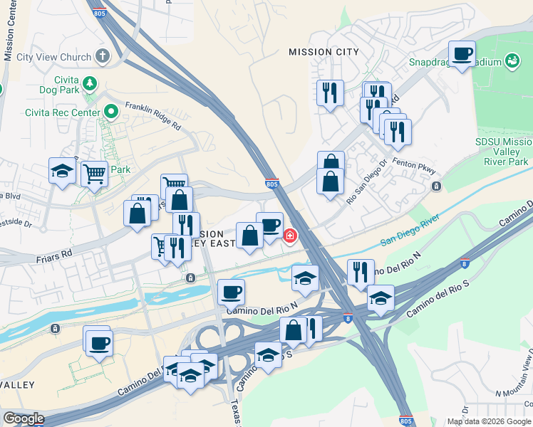 map of restaurants, bars, coffee shops, grocery stores, and more near 2275 Rio Bonito Way in San Diego