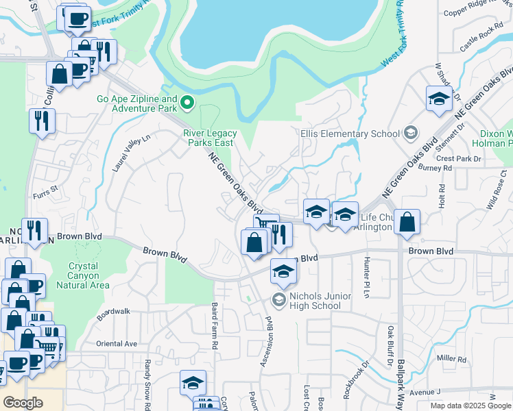 map of restaurants, bars, coffee shops, grocery stores, and more near 1805 Northeast Green Oaks Boulevard in Arlington