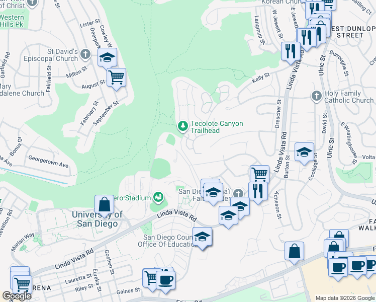 map of restaurants, bars, coffee shops, grocery stores, and more near 6327 Caminito Del Cervato in San Diego