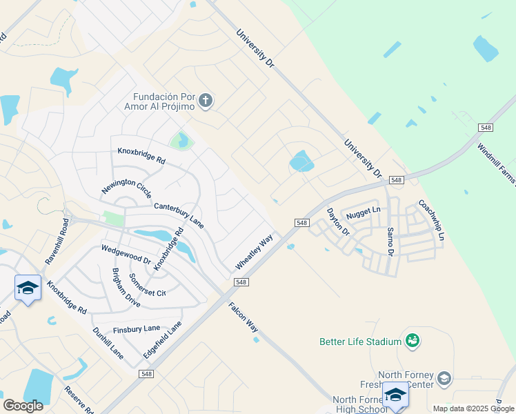map of restaurants, bars, coffee shops, grocery stores, and more near 1127 Bantham Way in Forney