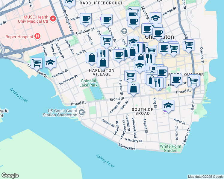 map of restaurants, bars, coffee shops, grocery stores, and more near 171 Queen Street in Charleston