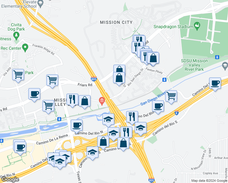 map of restaurants, bars, coffee shops, grocery stores, and more near 2236 River Run Drive in San Diego