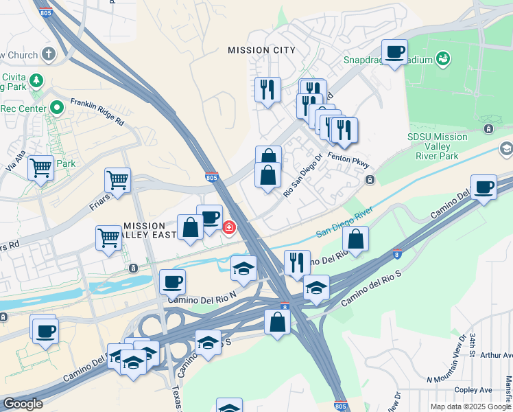 map of restaurants, bars, coffee shops, grocery stores, and more near 2265 River Run Drive in San Diego
