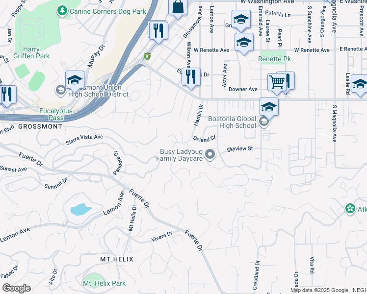 map of restaurants, bars, coffee shops, grocery stores, and more near 1345 Hardin Drive in El Cajon