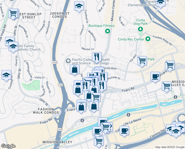 map of restaurants, bars, coffee shops, grocery stores, and more near 7645 Mission Valley Road in San Diego