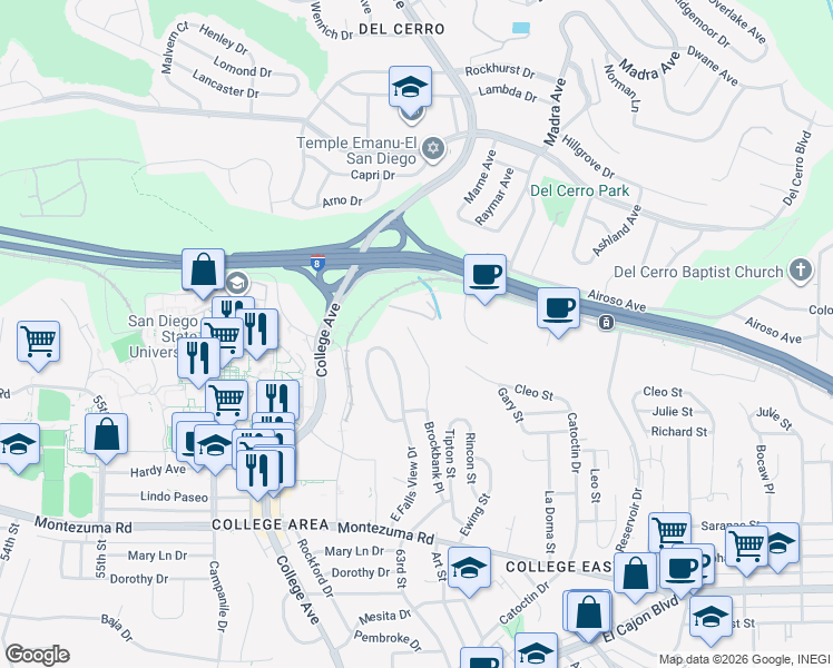 map of restaurants, bars, coffee shops, grocery stores, and more near 5425 Brockbank Place in San Diego