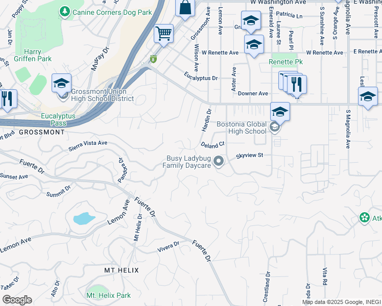 map of restaurants, bars, coffee shops, grocery stores, and more near 1345 Hardin Drive in El Cajon