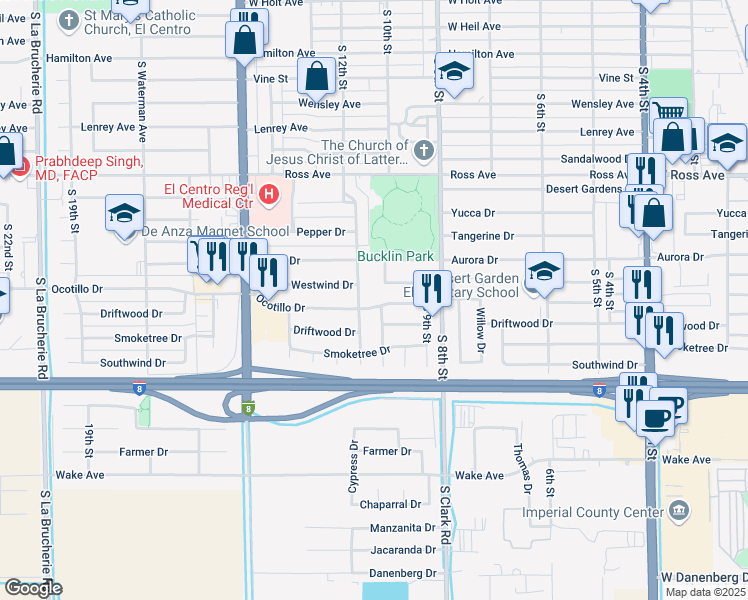 map of restaurants, bars, coffee shops, grocery stores, and more near 1120 Ocotillo Drive in El Centro